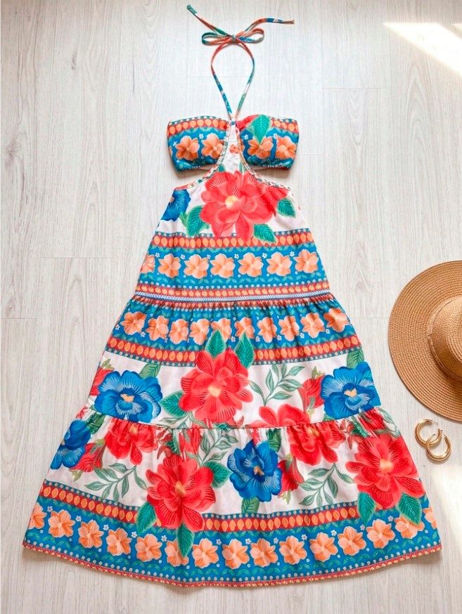 Vestido Floral Halter Azul