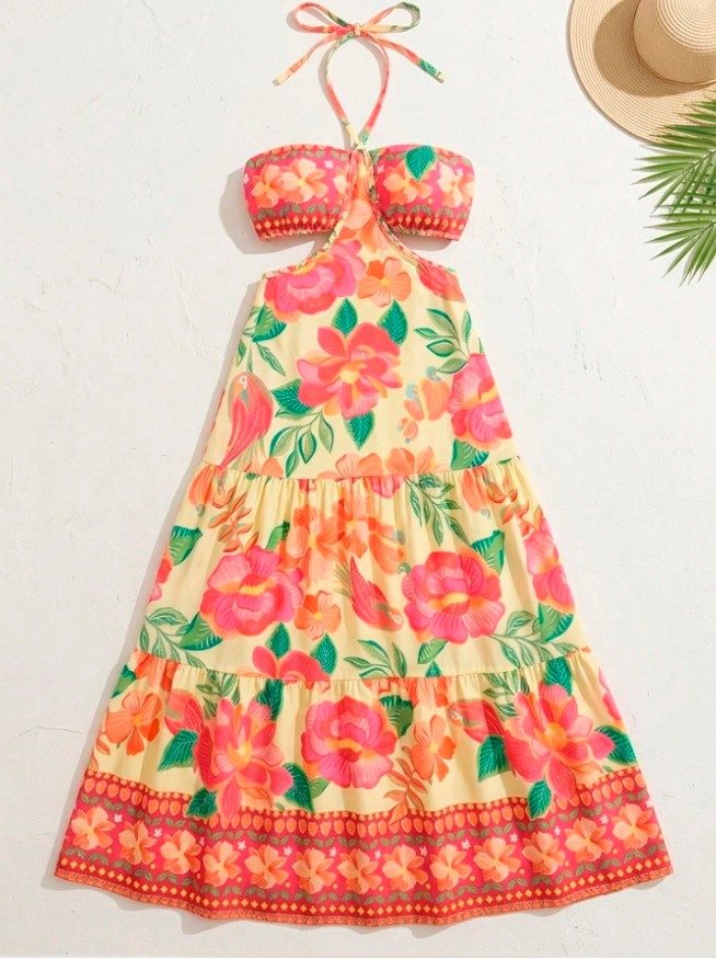Vestido Floral Halter Amarelo