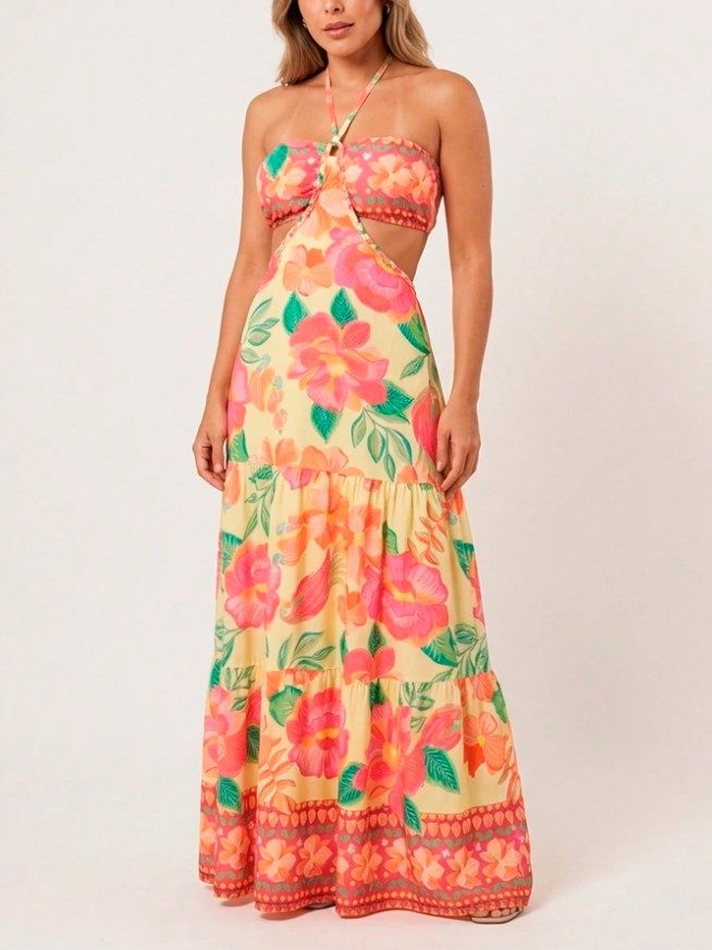 Vestido Floral Halter Amarelo