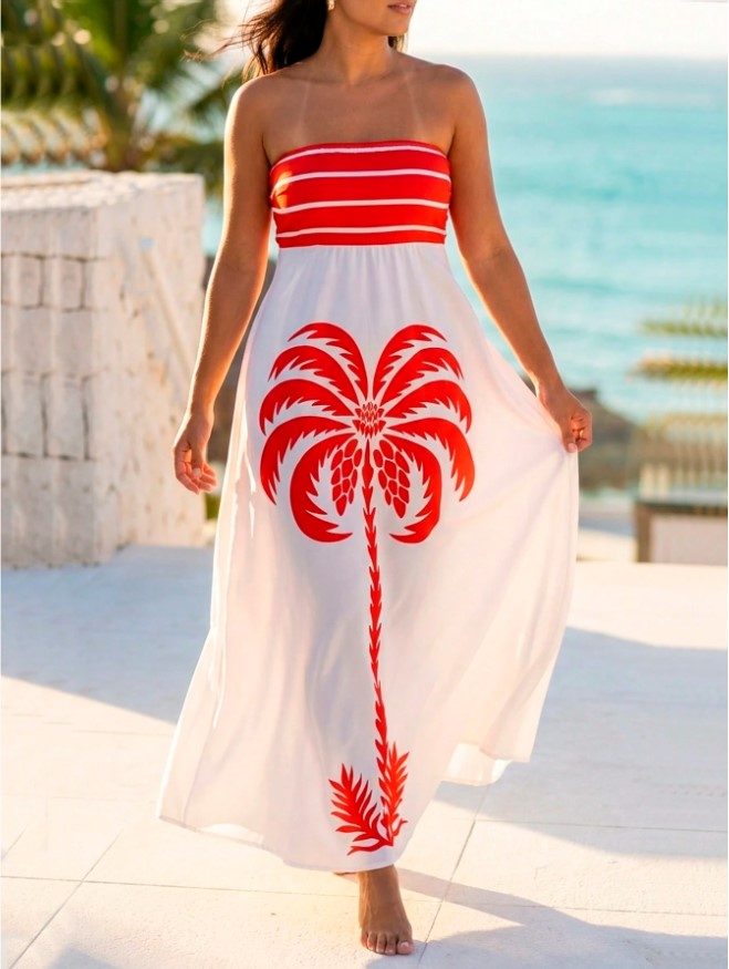 Vestido Coqueiro Branco + Coral