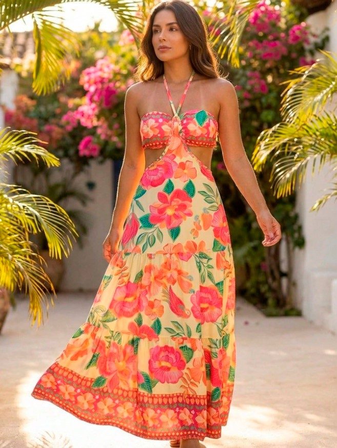 Vestido Floral Halter Amarelo