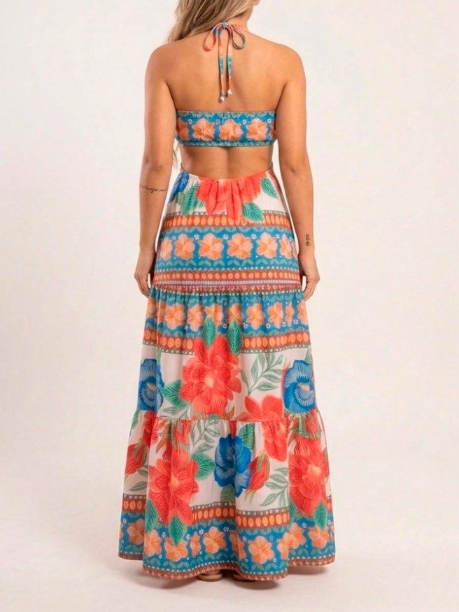 Vestido Floral Halter Azul